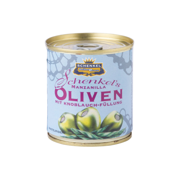 Schenkel Oliven "Manzanilla" grün, mit Knoblauch-Füllung, aus Spanien, 85g (Abtropfgewicht)